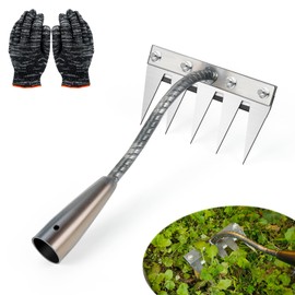 Gartenhobel, Unkrautschrechen mit Handschuhen, Gartenteich aus Karbonstahl, 5 Zähne, Handrechen, Gartenwerkzeug für Unkrautbekämpfung, Lockerung des Bodens, ohne Stock