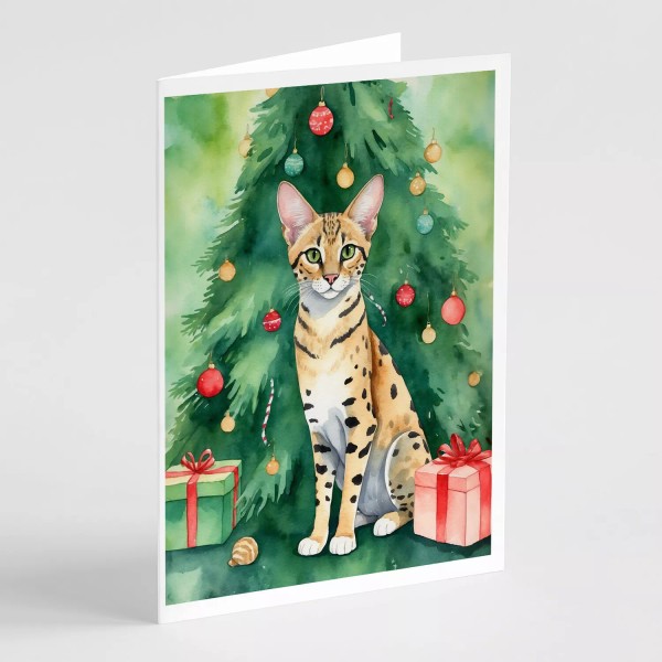 Savannah Cat By Christmas Tree Greeting Cards Envelopes Pk of