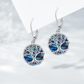 Tree of Life Earrings Sterling Silver Tree of Life Dangle Earrings for Women Lever back Earrings Round Abalone Shell Earring Jewelry Hypoallergenicity