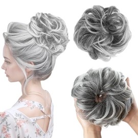 Messy Bun Hair, Curly Wavy Bun Hair, Scrunchies Accessories, Updo Pony Tail Extension for Women - Silver Grey