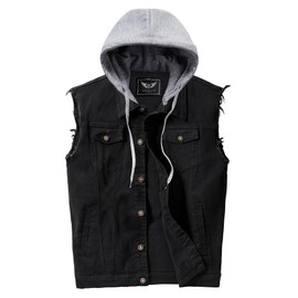 RongYue Men's Denim Vest Casual Button Stretchy Distressed Jean Sleeveless Jacket with Hood (Black,Medium)