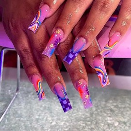 DOCVOEOMH Purple Long Press on Nails Square Fake Nails with Daisy Flower Design Full Cover Acrylic False Stick Glue on Nails for Women and Girls 24PCS