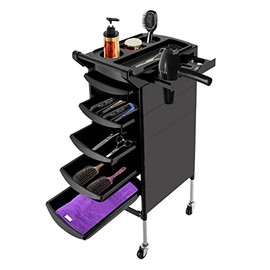 Salon Trolley, with Handle and Rolling Wheels, 5 Drawers and 2 Hair Dryer Holder Side Tray, Black