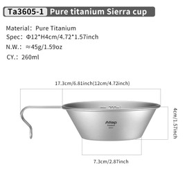 ATiAP Sierra Cup Titanium Camping Bowl 260ML with Fixed Handle Ultralight Portable Outdoor Cookware（Ta3605*2）