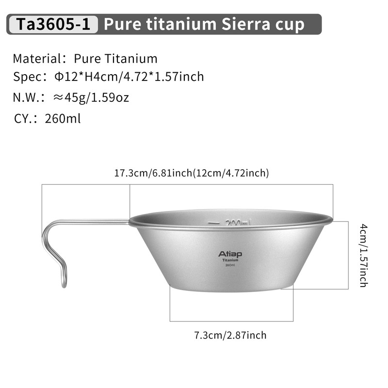 ATiAP Sierra Cup Titanium Camping Bowl 260ML with Fixed Handle