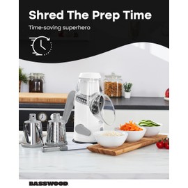 BASSWOOD Rotary Cheese Grater with Handle - Vegetable Shredder with 3 Stainless Steel Drum Blades-Vegetable Slicer Walnuts Grinder Cheese Shredder Round Mandoline with Peeler (White)