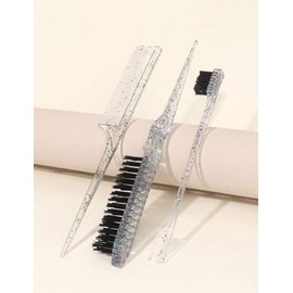 3-Piece Hair Styling Comb Set, Glitter Rat Tail Comb, Edge Control Brush, Pink/Clear (Clear)