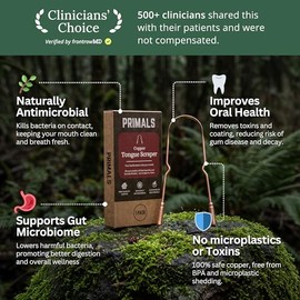 PRIMALS Raspador de lengua de cobre: aliento más fresco y mejor salud bucal. Limpiador ayurvédico natural para la desintoxicación diaria. Resistente al óxido, ecológico. Incluye bolsa de tela de viaje