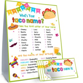 Cidobi What is Your Taco Name Game, 1 Taco Name Game Double Sided Sign, 30 Taco Name Stickers, Birthday Party Game Set, Games for Party Activity Decoration