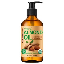 Yoken Organic Almond Oil 8 fl oz, USDA 100% Pure Natural Cold Pressed Almond Oils in Glass Bottle, Moisturizing Carrier Oil for Face, Hair & Body - Ideal for Skin Care, Soothing Massage & DIY Beauty