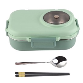 Thermal Lunch Box 1100ml Double Layer 3 Grid Design 304 Stainless Steel Bento Box with Chopsticks Spoon Soup Bowl Green