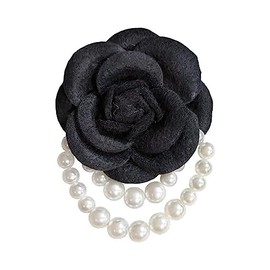 Dainty Camellia Flower Brooch Pins with Pearl Tassel for Women Girls Vintage Classic Flower Pearl Pins Shawl Clips Prom Wedding Party Dance Banquet Jewelry-Black