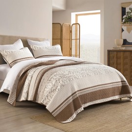 Uniclinens 100% Cotton Quilt Set Queen Size, Patchwork Quilts Bedding Set Bedspreads, Botanical Pattern Coverlet, Farmhouse Striped Floral Quilted Quilt Lightweight Comforter, White/Brown