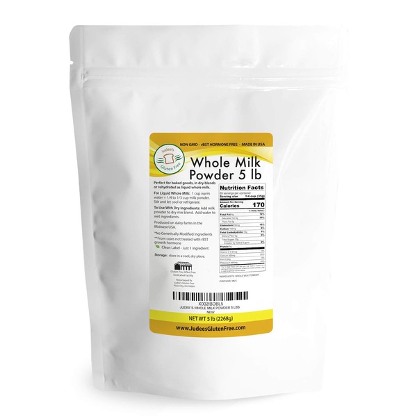 Judee's Whole Milk Powder (5 lb bulk): NonGMO, rBST Hormone Free, USA Made, Pantry Staple - Baking Ready, Great for Travel, Seller Fulfilled