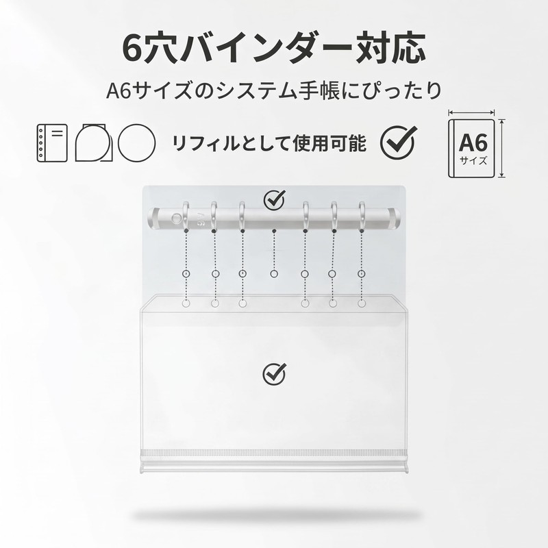 バインダーポケットA6 ファスナーポケット 6穴 ルーズリーフポケット｜小物収納・防水・ファスナーで紛失防止｜家計管理・旅行・通勤に最適｜主婦・旅行者・ビジネスパーソン向け ファスナーケース (クリア(透明）02, 12)