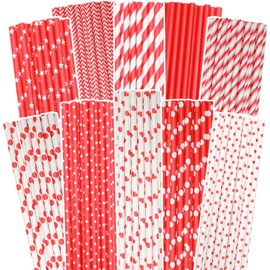 Gcardist 100pcs Red Pattern Disposable Paper Straws (7.75 x 0.25 inches, Eco-friendly)