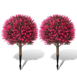 Gladeup 24'' Pink Faux Boxwood Balls for Outdoor Planters Topiary Set of 2,UV Resistant Artificial Shrub Bushes Trees with Spike for Porch,Indoor,Garden