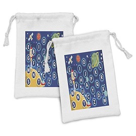 Ambesonne Cartoon Activity Fabric Pouch Set of 2, Random Letters of the Alphabet in the Outer Space with Planets and Stars, Small Drawstring Bag for Toiletries Masks and Favors, 9" x 6", Multicolor