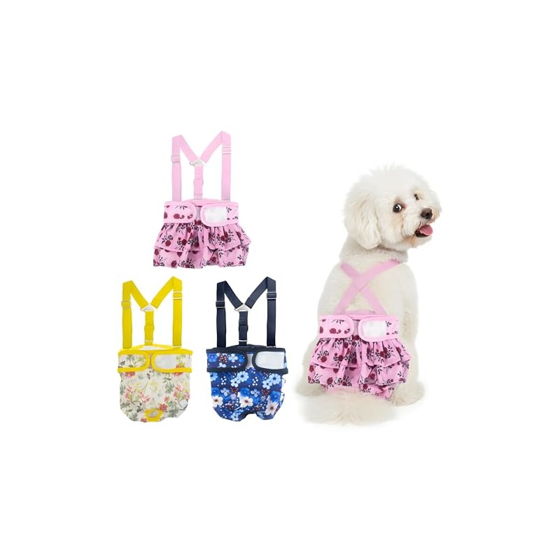 3 Pack Washable Female Dog Diapers with Suspender - Reusable