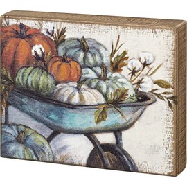 Primitives by Kathy Fall Themed Home Décor Sign Featuring Pumpkins in A Wheelbarrow