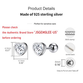 JSGEMSLEE Hypoallergenic Heart Earrings Sterling Silver with Screw Back Cubic Zirconia Stud Earrings 925 Silver for Women Tragus Cartilage Jewellery, Silver
