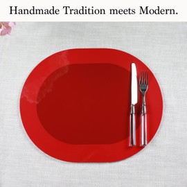 Lacquered Wood Placemats Set of 2 - Handcrafted Artisanal Two-Tone Oval Design Table Mats - Valentines Day, Spring mat,16.5 x 13.5 inch, Red