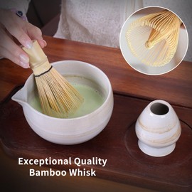VONAHAST Japanese Matcha Whisk Set - 6-Piece Kit with Bamboo Chasen, Matcha Ceramic Bowl with Spout, Stainless Steel Sifter White