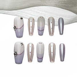 Sun&Beam Nails Handmade Nail Tip, Medium, Long, Coffin Ballerina, Skin Tone, Irregular, Gold, False Nails, Simple, Stone, Dot Design, Stylish, Set of 10 (#182 L)