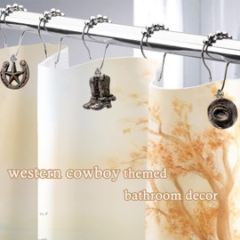 Western Shower Curtain Hooks, 12PCS Western Cowboy Bathroom Decor Brown Cowboy Shower Curtain Hooks Rustic Country Creative Shower Curtain Rings