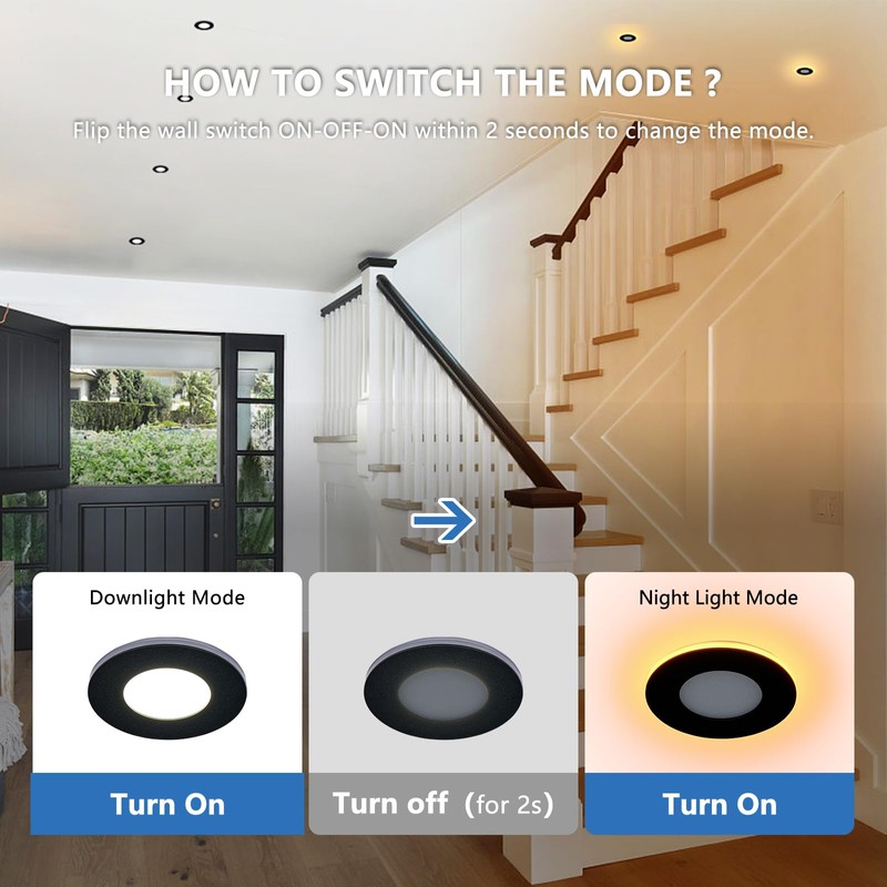 CycevSun 3 Inch Black LED Recessed Lights with Night Light,