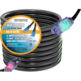 Pizety 25FT 10/3 Extension Cord – Contractor Grade 10 Gauge Heavy Duty Power Cord with Lighted Ends 15 Amp, 125V, 1875 Watt, 5-15P/R Plug UL Listed, Flexible & Tangle-Resistant for Indoor/Outdoor Use