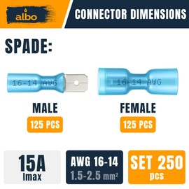ALBO 250PCS Heat Shrink Male and Female Spade Connectors Kit – AWG 16-14 Waterproof Electrical Terminals, Blue Fully Insulated Wire Terminal Connectors for Automotive, Marine, Speaker & Electrical