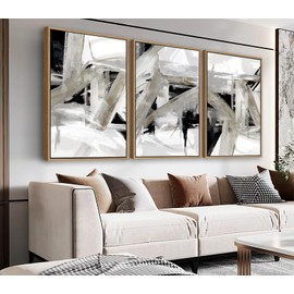 NINEASO Bold Abstract Framed Wall Art – Striking Black White Gray Brushstrokes Canvas Pictures Modern Painting Artwork for Living Room, Office & Home Wall Decor 28 x 20in * 3, Natural Wood Frame