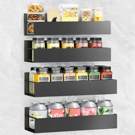 SYLLENHOD Spice Rack Wall Mount: 4 Packs Oversize Pantry Organization And Storage Rack Without Drilling - 11.8 Inch Black Large Adhesive Hanging Kitchen Spice Racks for Smooth Wall - Seasoning Rack