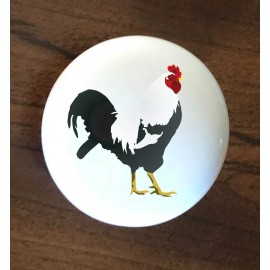 White FARM ROOSTER WHITE/BLACK WHITE CERAMIC KITCHEN CABINET DRESSER KNOB DECOR