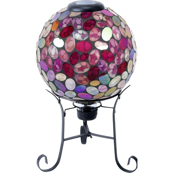 Alpine Corporation Outdoor Solar Powered Pink Glass Mosaic Gazing Globe with LED Lights and Metal Stand, Violet 10 Inch