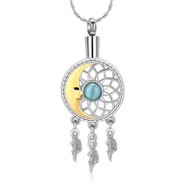Dream Catcher Cremation Jewelry for Ashes for Women Men Moon Feather Pendant Urn Necklace Memorial Loved Ones Human Funeral Keepsake (Silver-Gold)