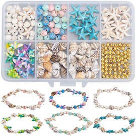 SUNNYCLUE 1 Box 222Pcs DIY 6 Sets Summer Bracelet Making Kit Sea Shell Beads Starfish Beads Lucky Turquoise Round Gemstone Bead Hawaii Ocean Beads for Jewellery Making Kits Adult Women Gifts Supplies