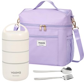Voova Stackable Stainless Steel Thermal Lunch Box with Lunch Bag and Cultery Set for Adult Women Men, 3 Tier Leakproof & Microwave Safe Insulated Bento Boxes Food Container for Work, Purple