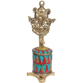 Exotic India Tibetan Buddhist Prayer Wheel with Conch Statue, Multi-Colour, 2.4 x 2.7 x 7-Inch