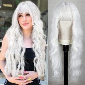 BOGSEA White Long Hair Wigs with Bangs White Long Wig for Women White Wavy Wigs Synthetic Heat Resistant Fiber Wigs for Daily Party 26 Inch