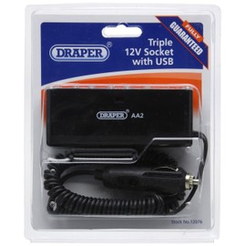 Draper 12076 12V 3-Socket Adaptor with USB