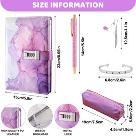Diary with Lock for Girls, A5 Secret Diary for Girls Teenager Age 6-14, Birthday Gifts for Girls 7 8 9 10 11 12 13 Year Old, Leather Password Locked Journals with Pen Pencil Case(Purple)