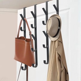Over Door Hooks, 4 PCS 5 Hooks Thickened Carbon Steel Over Door Hanger, Black No Punching Over The Door Hooks, Over The Door Hanger for Clothes, Towel, Hats, Wardrobe, Bedroom, Bathroom