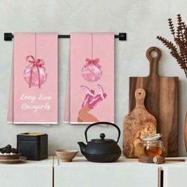 MONALET Pink Trendy Coquette Bow Preppy Cowgirl Kitchen Towels Decorative Set of 2, Retro Disco Ball Dish Towel Cloths for Teen Girls Dorm, Aesthetic Bathroom Dishcloths Hand Towel Decor 16x24