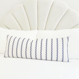 Slow Cow Linen Embroidery Stripe Rectangular Throw Pillow Cover Textured Lumbar Cushion Cover for Couch Sofa 12 x 33 Inches Navy Blue