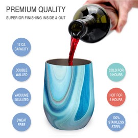 CHILLOUT LIFE Stainless Steel Wine Tumblers 4 Pack 12 oz - Double Wall Vacuum Insulated Wine Cups with Lids and Straws Set for Coffee, Wine, Cocktails - Ocean Marble