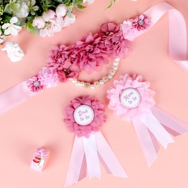 Cheerupp Dusty Pink Baby Shower Sash and Pins Set - Dusty Pink Flower Baby Shower Belly Belt and Mom to Be & Dad to Be Corsage Pins, New Parents Pregnancy Photo Props Party Supplies