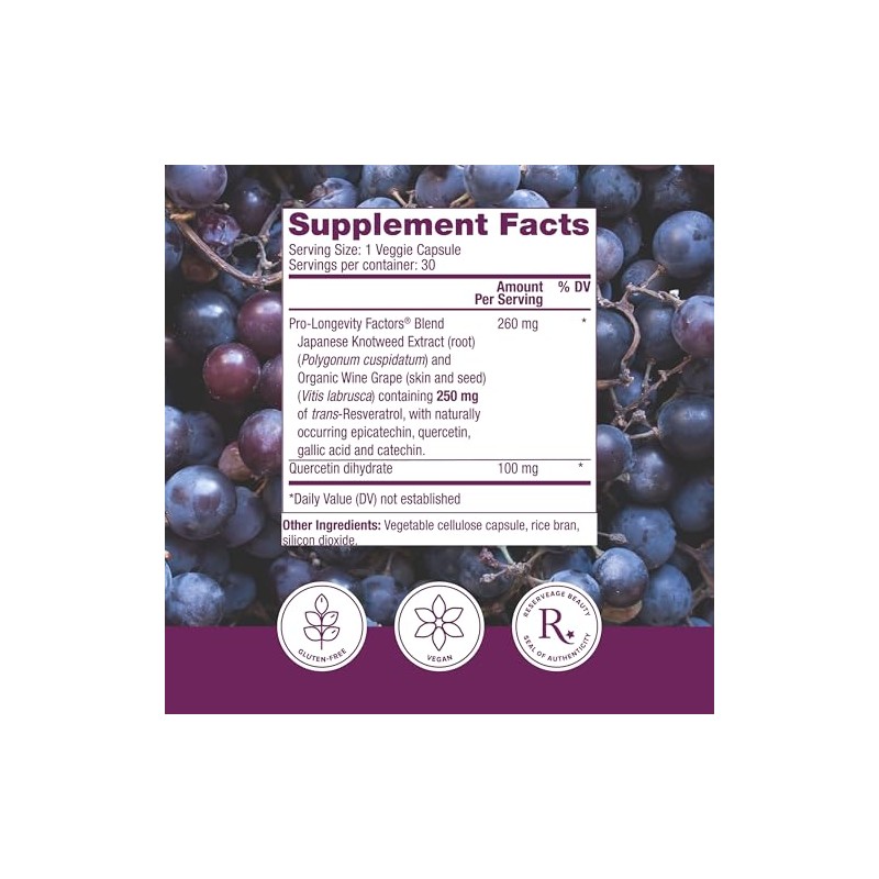 Reserveage - Resveratrol 250mg, Cellular Age-Defying Formula, 30 vegetarian capsules