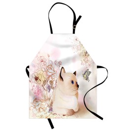 Ambesonne Cat Apron, Vintage Themed Floral Image with Kitten and Butterfly in Pastel Tones, Unisex Kitchen Bib with Adjustable Neck for Cooking Gardening, Adult Size, Multicolor